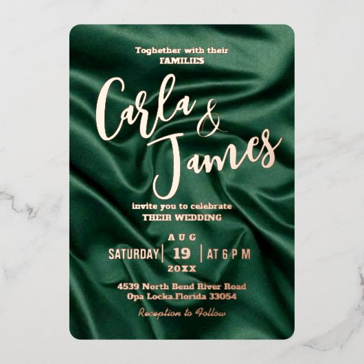 エレガントなエメラルドグリーンのシルクゴールドのモダンウェディング 箔招待状 (正面)