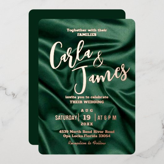 エレガントなエメラルドグリーンのシルクゴールドのモダンウェディング 箔招待状 (正面/裏面)