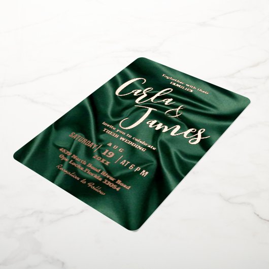 エレガントなエメラルドグリーンのシルクゴールドのモダンウェディング 箔招待状 (回転した状態)
