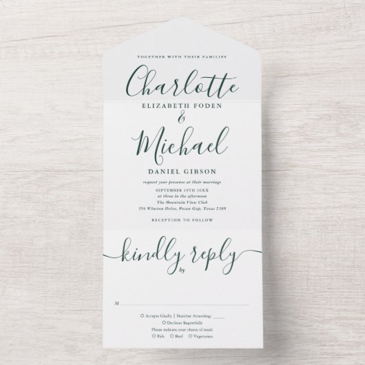 エレガントなエメラルドグリーンのスクリプトミニマルウェディング オールインワン招待状 (内側)