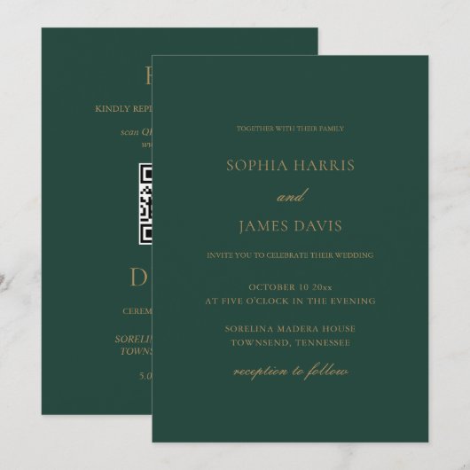 エレガントなエメラルドグリーンのミニマルウェディングオールインワン 招待状 (正面/裏面)