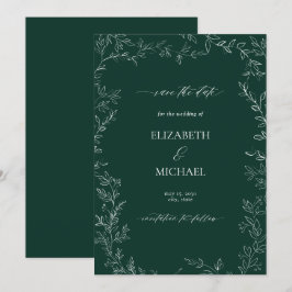 エレガントなエメラルドグリーンのモダンリーフ　セーブ・ザ・デート 招待状