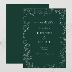 エレガントなエメラルドグリーンのモダンリーフ　セーブ・ザ・デート 招待状