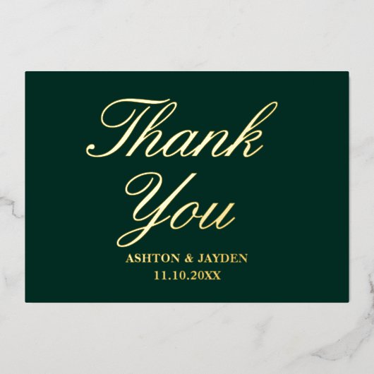 エレガントなエメラルドグリーンの結婚式のお礼カード 本物の金箔 箔招待状 (正面)