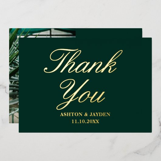 エレガントなエメラルドグリーンの結婚式のお礼カード 本物の金箔 箔招待状 (正面/裏面)