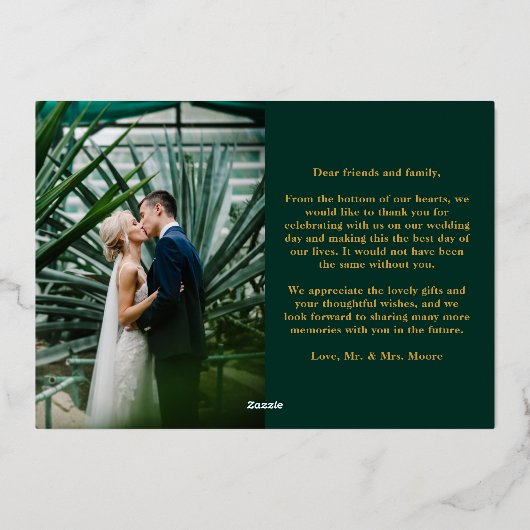 エレガントなエメラルドグリーンの結婚式のお礼カード 本物の金箔 箔招待状 (裏面)