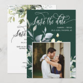 エレガントなエメラルドグリーンの葉 QR コード フォト ウェディング セーブザデート (正面/裏面)