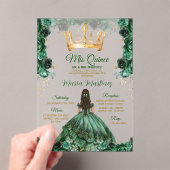 エレガントなエメラルドグリーンフローラルゴールドクラウンミカンス アクリル招待状 (インサイチュ (ポータブル))