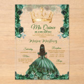 エレガントなエメラルドグリーンフローラルゴールドクラウンミカンス アクリル招待状 (正面)