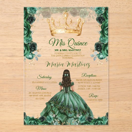 エレガントなエメラルドグリーンフローラルゴールドクラウンミカンス アクリル招待状 (正面)