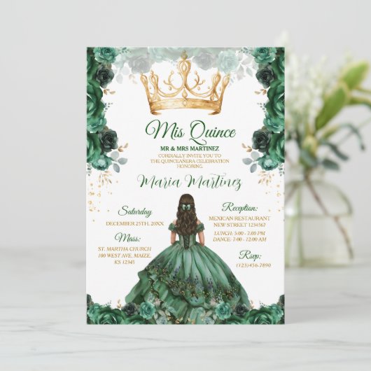 エレガントなエメラルドグリーンフローラルゴールドクラウンミカンス 招待状 (スタンド正面)