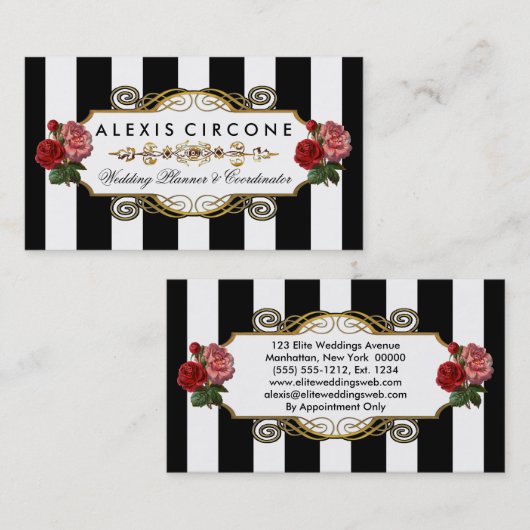エレガントなエリートは|Goldの花柄のウェディングプランナーを縞で飾ります 名刺 (正面/裏面)