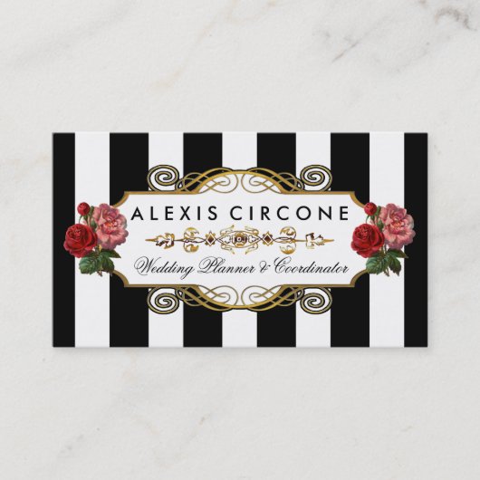 エレガントなエリートは|Goldの花柄のウェディングプランナーを縞で飾ります 名刺 (正面)