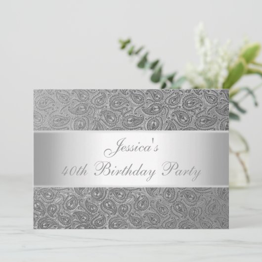 エレガントなエンボスの銀のペイズリーの白人のパーティー 招待状 (スタンド正面)