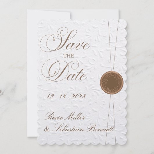 エレガントなエンボス加工の結婚式招待状（Save the Date） 招待状 (正面)