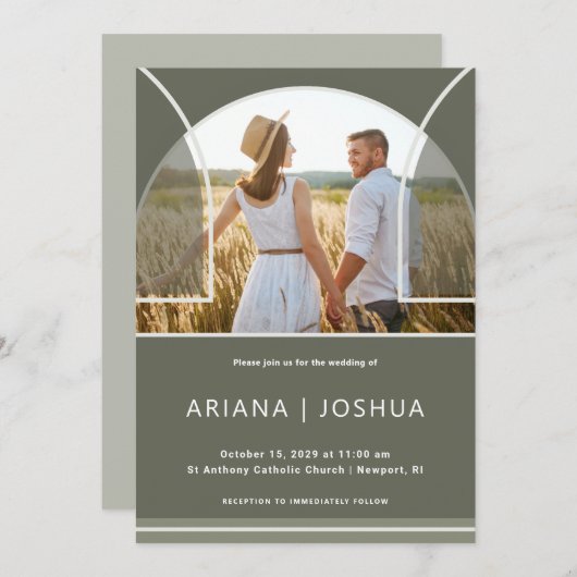 エレガントなオリーブの写真アーチウェディング 招待状 (正面/裏面)