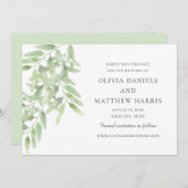 エレガントなオリーブの枝。シンプルなボタニカルウェディング セーブザデート (正面/裏面)