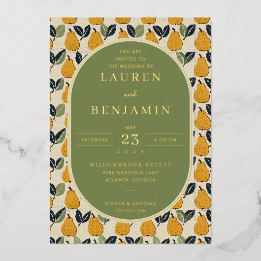 エレガントなオリーブの梨のイラスト 箔招待状 (正面)