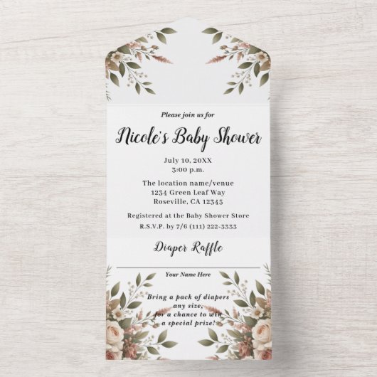 エレガントなオリーブグリーンとホワイトの花のベイビーシャワー オールインワン招待状 (内側)