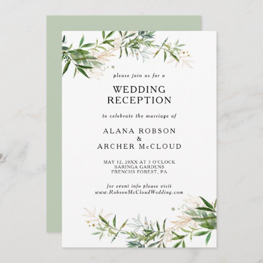 エレガントなオリーブグリーンのガーデンウェディングパーティ 招待状 (正面/裏面)