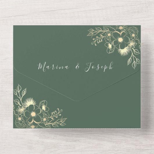 エレガントなオリーブグリーンのゴールド結婚式 オールインワン招待状 (裏面)