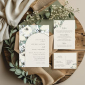 エレガントなオリーブグリーンの水彩花のアーチウェディング 招待状