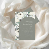 エレガントなオリーブグリーンの水彩花のアーチウェディング 招待状