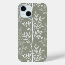 エレガントなオリーブグリーンの花のシルエット iPhone 15ケース