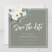 エレガントなオリーブグリーンの花柄 セーブザデート (正面)