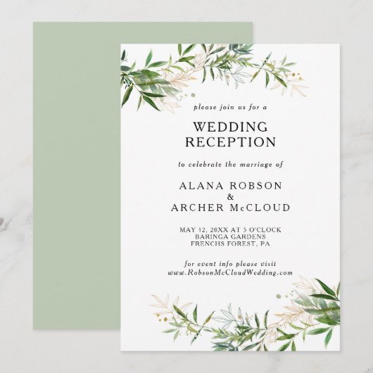 エレガントなオリーブグリーンの装飾の結婚式の披露宴 招待状 (正面/裏面)