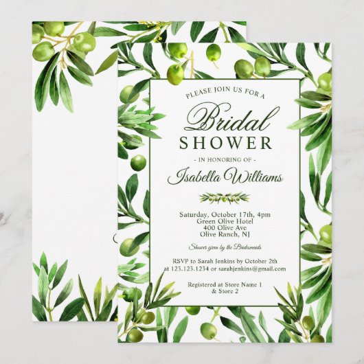 エレガントなオリーブ ボーホー ガーデン ブライダル シャワー 招待状 (正面/裏面)