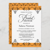 エレガントなオレンジおよび黒いダマスク織のブライダルシャワー 招待状 (正面/裏面)