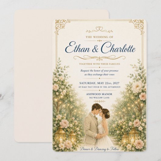 エレガントなオレンジの花柄の結婚式招待状テンプレート 招待状 (正面/裏面)