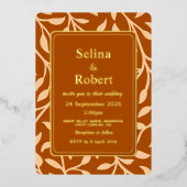 エレガントなオレンジ色の秋の落ち葉 箔招待状 (正面)