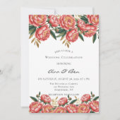 エレガントなオレンジ色の芍薬が描かれたウェディングセレブレーション 招待状 (正面)