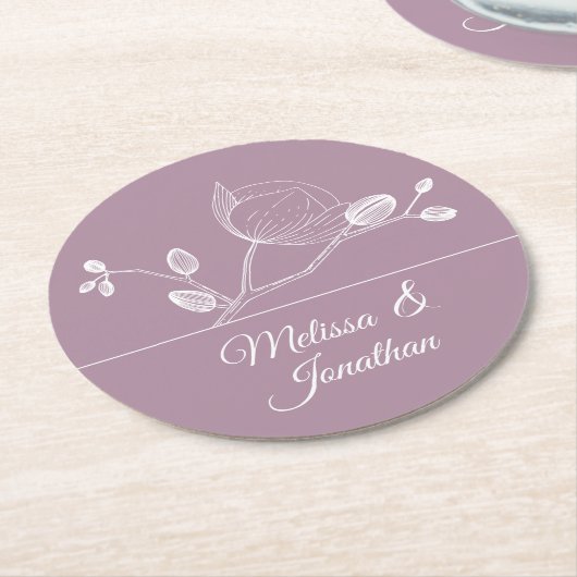 エレガントなオーキッドの花のモダンな紫の結婚式 ラウンドペーパーコースター (アングル)