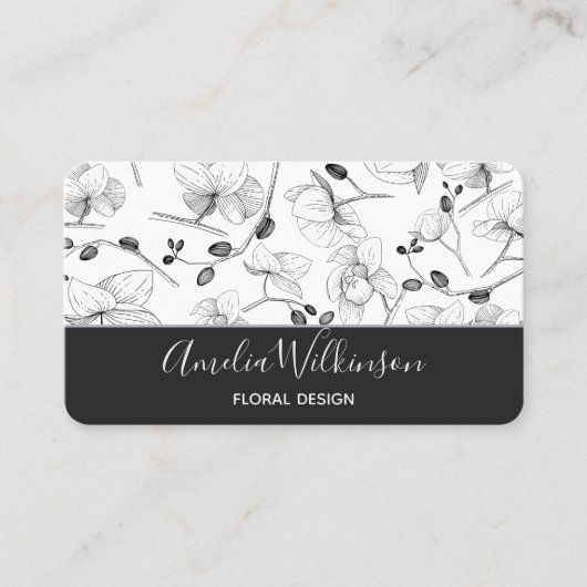 エレガントなオーキッド ブラック＆ホワイト フラワーデリケート シック 名刺 (正面)