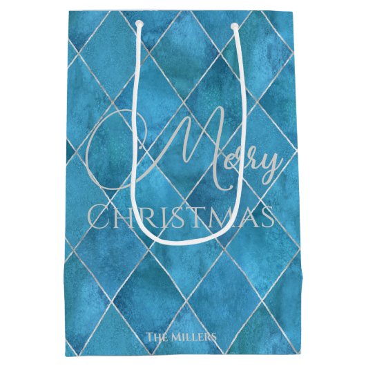 エレガントなオーシャンブルーのアーガイルパターンがおしゃれなクリスマス ミディアムペーパーバッグ (裏面)