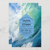 エレガントなオーシャンブルーのウェーブサマー海辺の結婚式 招待状 (正面/裏面)