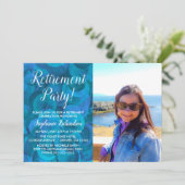 エレガントなオーシャンブルーの写真付き退職パーティー 招待状 (スタンド正面)