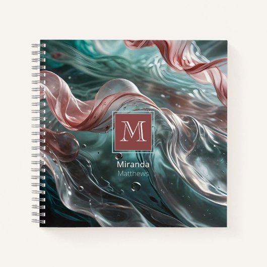 エレガントなオールドローズとエメラルドのシルクウォータータイポグラフィ ノートブック (正面)