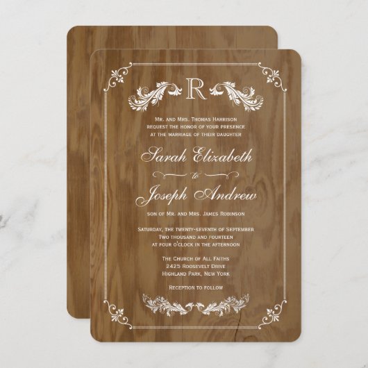 エレガントなカシ木モノグラムの結婚式招待状 招待状 (正面/裏面)