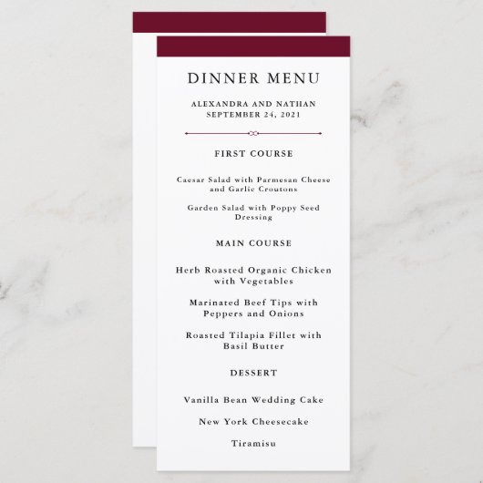 エレガントなカジュアル | マルサラの結婚式メニュー メニュー (正面/裏面)
