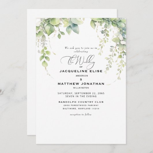エレガントなカスケードグリーンのウェディング 招待状 (正面/裏面)