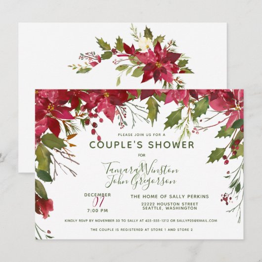 エレガントなカスタムフラワーのクリスマスカップルシャワー 招待状 (正面/裏面)