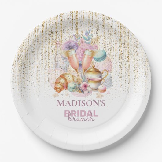 エレガントなカスタム ブライダル ブランシュ ピンク & ゴールド グリッター ペーパープレート (正面)