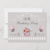 エレガントなカップケーキピンク及び灰色の第50誕生日 招待状 (正面)