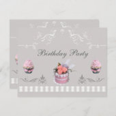 エレガントなカップケーキ ピンク＆グレー 誕生日パーティー 招待状 (正面/裏面)