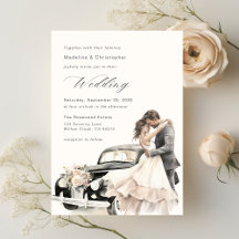エレガントなカップルのビンテージ結婚式の車の招待状