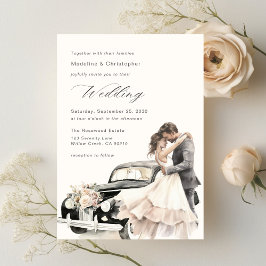 エレガントなカップルのビンテージ結婚式の車の招待状 招待状
